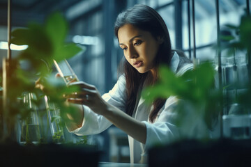 Indian woman researcher inspecting the plant