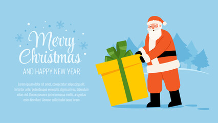 Merry Christmas greeting template banner with Santa Claus pushes big present with bow Happy old man hold gift box with ribbon. Vector holiday background