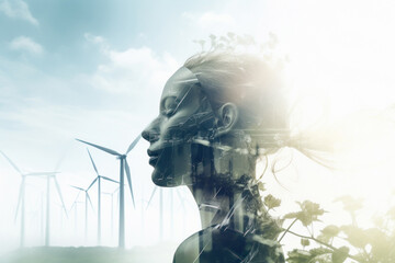 graphic of woman working over wind turbine farm and green renewable energy worker interface. - obrazy, fototapety, plakaty