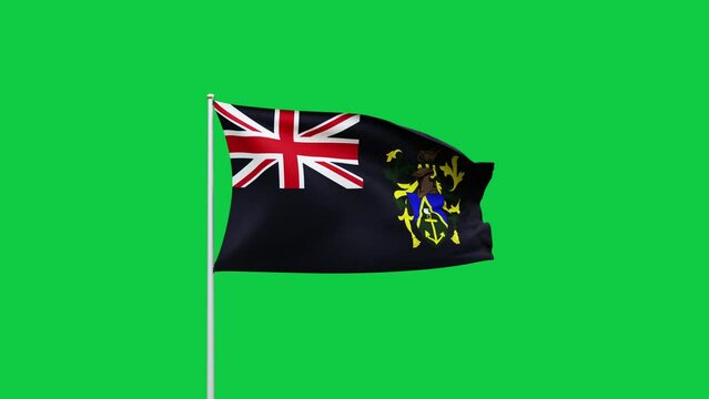 pitcairn flag waving on green screen background. 3D Rendering animation video footage. High quality 4K resolution