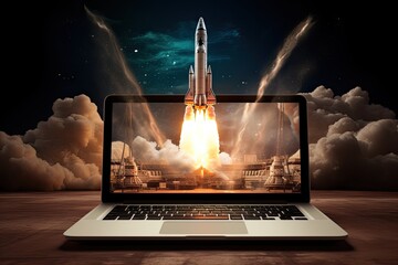 Rocket Lauch of Laptop with flames, technology growth and technology