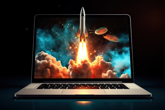Rocket Lauch of Laptop with flames, technology growth and business start