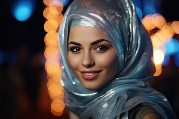 Beautiful woman in hijab on blur lights background