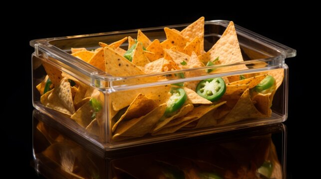transparent box filled with doritos triangle corn chips and nachos, copy space, 16:9