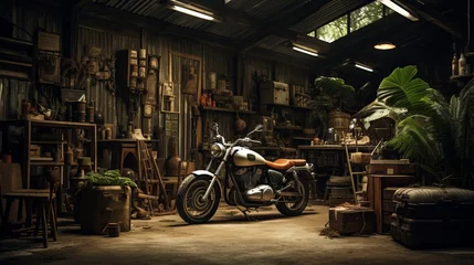 Poster Im Rahmen picture a vintage motorcycle parket in a dimly lit garage, copy space, 16:9 © Christian