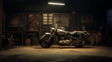 Door stickers Motorcycle picture a vintage motorcycle parket in a dimly lit garage, copy space, 16:9