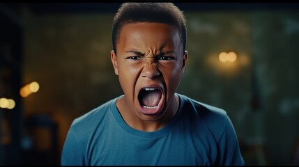 Angry irritated African American boy. Full of rage. Emotional portrait of an upset preteen boy screaming in anger. Requirements for parents. Wrong perception. Hysterics. - obrazy, fototapety, plakaty