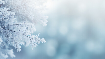 Winter blurred background with snowfall and frosted spruce brunches - obrazy, fototapety, plakaty