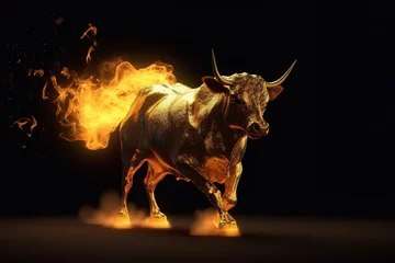 Foto auf Acrylglas Antireflex Angry gold bull with fire on black background. Bull statue Wildlife Animals. © yod67