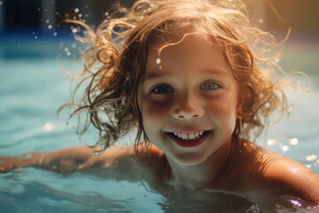 Fototapeta na wymiar Cute little girl playing in the swimming pool