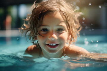 Cute little girl playing in the swimming pool