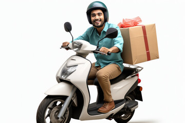 Delivery man riding a scooter with delivery box - obrazy, fototapety, plakaty