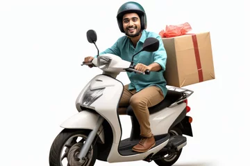 Ingelijste posters Delivery man riding a scooter with delivery box © PRASANNAPIX
