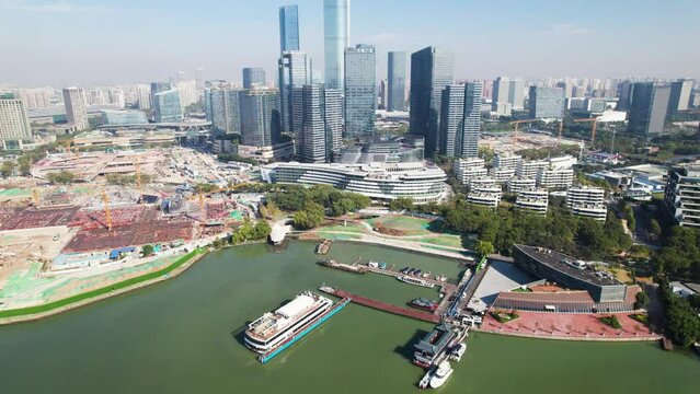 Urban scenery of Jinji Lake East CBD, Suzhou, Jiangsu, China, 4k footage tilt up effect.