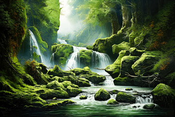 Beautiful waterfall in the deep forest with green mossy rocks. - Powered by Adobe