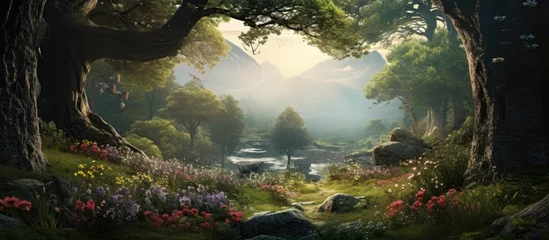 Gartenposter In the heart of the lush forest a magnificent mountain towered over the landscape surrounded by a sea of green trees and vibrant flora each adorned with beautiful flowers exuding a sweet fr © TheWaterMeloonProjec