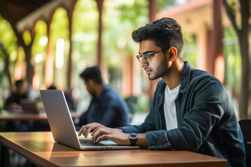 college student using laptop at library - Powered by Adobe