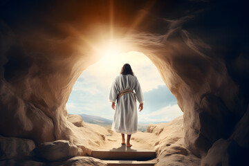 Resurrection Of Jesus at empty tomb during sunrise