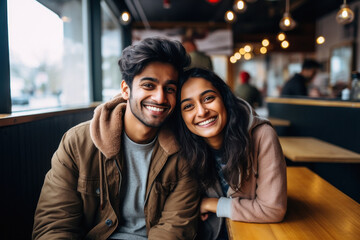 Young indian couple giving happy expression - obrazy, fototapety, plakaty