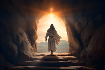 Resurrection Of Jesus at empty tomb during sunrise - obrazy, fototapety, plakaty