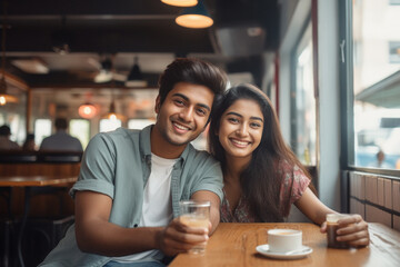 Young indian couple or friends taking taking tea or coffee at restaurant - obrazy, fototapety, plakaty