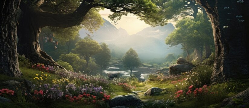Fototapeta In the heart of the lush forest a magnificent mountain towered over the landscape surrounded by a sea of green trees and vibrant flora each adorned with beautiful flowers exuding a sweet fr