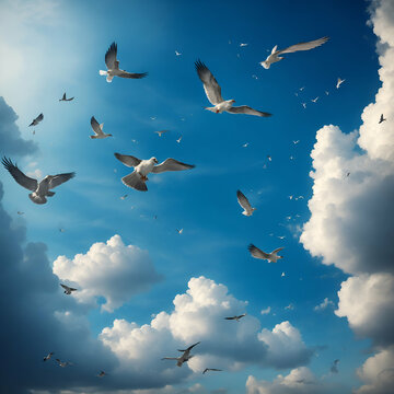 seagulls in the sky with clouds