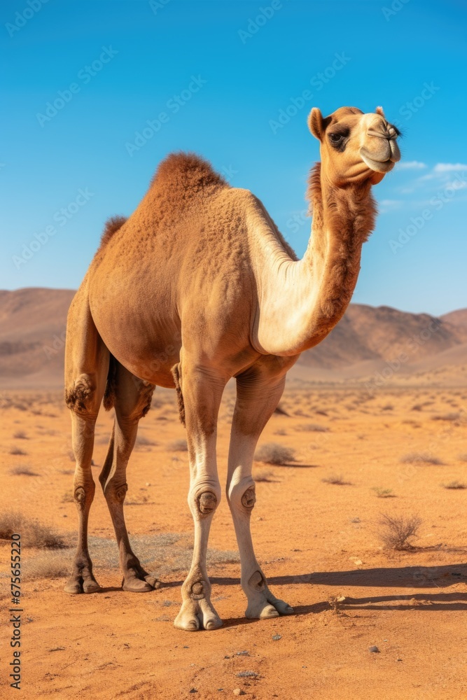 Poster a picture of a camel standing in the middle of a desert. this image can be used to depict the vastne