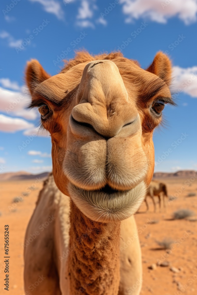 Poster a detailed view of a camel's face in the vast desert. this image can be used to depict the beauty an
