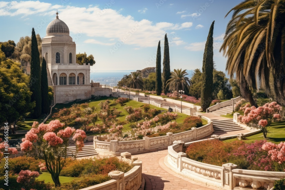 Poster a large white building surrounded by beautiful trees and colorful flowers. perfect for architectural