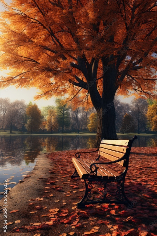 Poster A serene image of a park bench overlooking a tranquil lake during the autumn season. Perfect for nature lovers and those seeking a peaceful atmosphere.