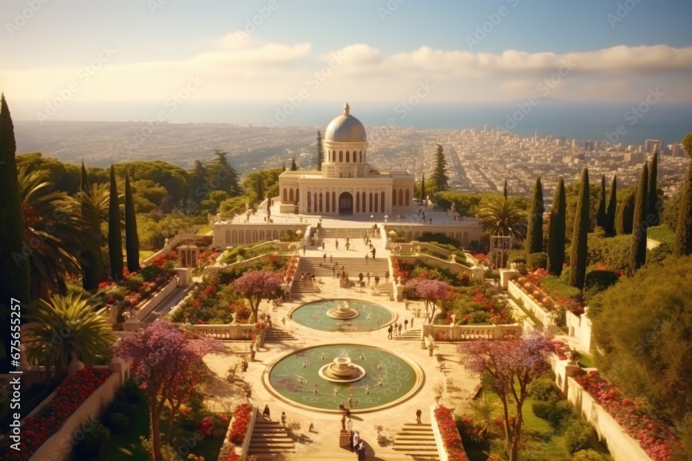 Poster A view of a large building with a fountain in front. This image can be used to depict architecture, landmarks, or urban scenery.
