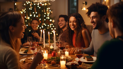 Obraz na płótnie Canvas Friends having Christmas dinner at dining table.