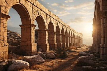 A picturesque scene of the sun setting behind the arches of a stone aqueduct. Perfect for travel brochures or historical publications. - obrazy, fototapety, plakaty