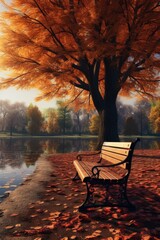A serene image of a park bench overlooking a tranquil lake during the autumn season. Perfect for nature lovers and those seeking a peaceful atmosphere.