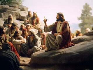 Jesus spreading his teaching to people - obrazy, fototapety, plakaty