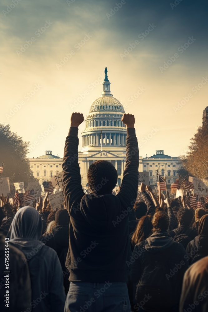 Poster a crowd of people gathered in front of a building. this image can be used to depict a public event, 