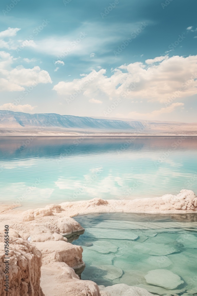 Poster a scenic landscape featuring a majestic mountain in the background with a serene body of water in th