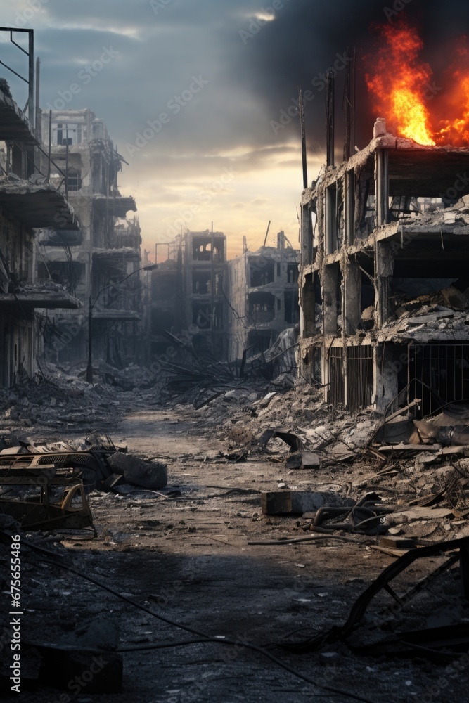 Poster a picture of a city that has been destroyed, with a fire burning in the distance. this image can be 