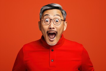 Portrait of surprised middle aged asian woman on bright colors studio backgroud, excitement and fascination, shocked and amazed female with unexpected thing happen