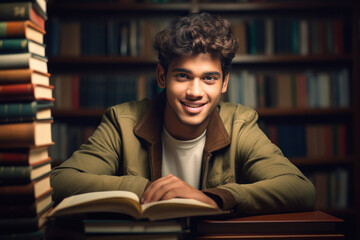 young indian college student with stack of books