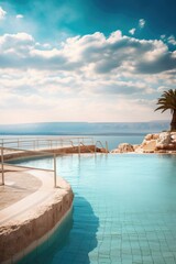 Fototapeta premium An empty pool overlooking the ocean. Perfect for vacation destinations or real estate listings.
