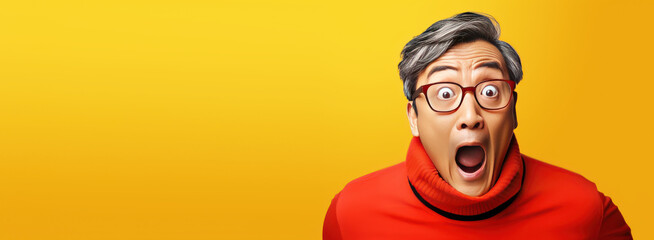 Portrait of surprised middle aged asian man, bright colors studio backgroud with copyspace, excitement and fascination, shocked and amazed male with unexpected thing happen