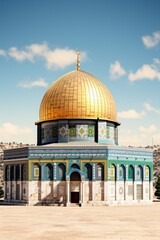Naklejka premium A stunning image of the iconic Dome of the Rock situated in the middle of the desert. Perfect for travel brochures or religious publications.