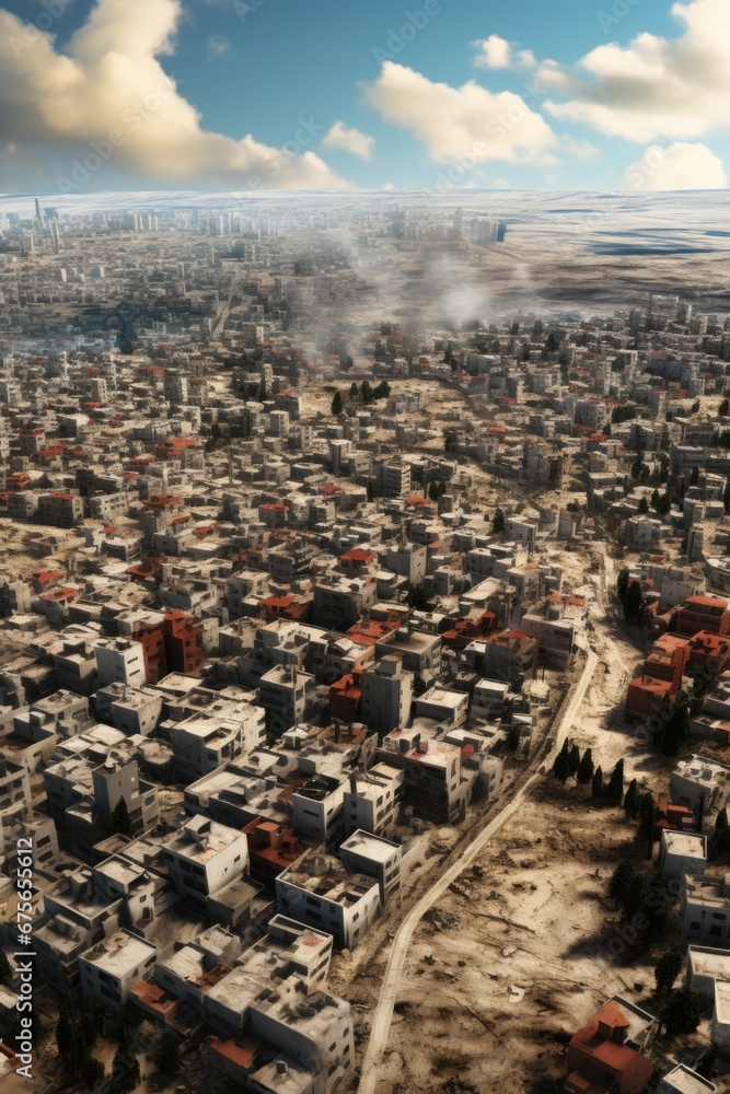 Poster an aerial view of a city with a multitude of buildings. this image can be used to showcase urban dev