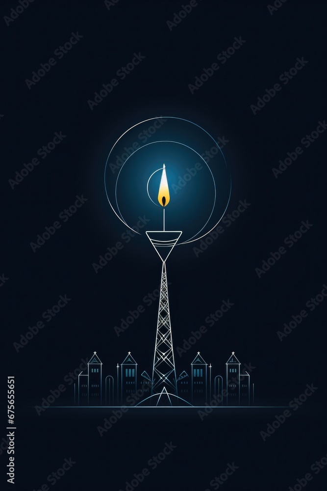 Poster a lit candle placed in the foreground, with a cityscape in the background. this image can be used to