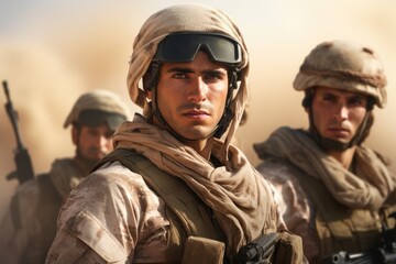 Fototapeta premium A group of men dressed in military gear standing together. This image can be used to depict teamwork, camaraderie, military training, or military operations.