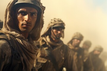 Fototapeta premium A group of soldiers standing in a straight line. Suitable for military, army, or teamwork concepts.