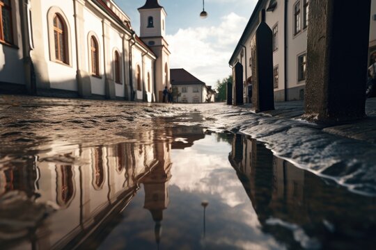 A stunning image capturing the reflection of a church steeple in a tranquil puddle of water. Perfect for adding a touch of serenity and spirituality to your designs.