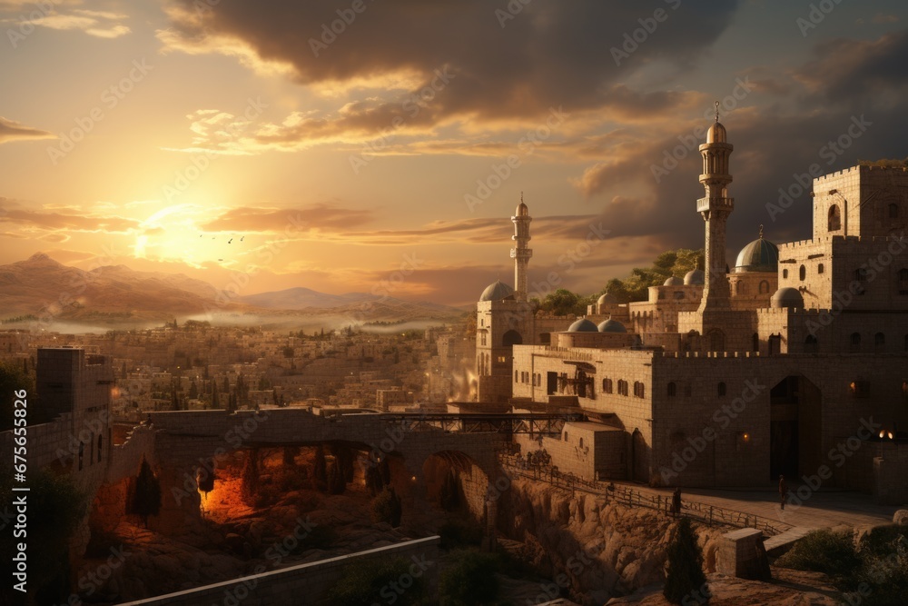 Poster a stunning image of a castle with a beautiful sunset in the background. perfect for adding a touch o